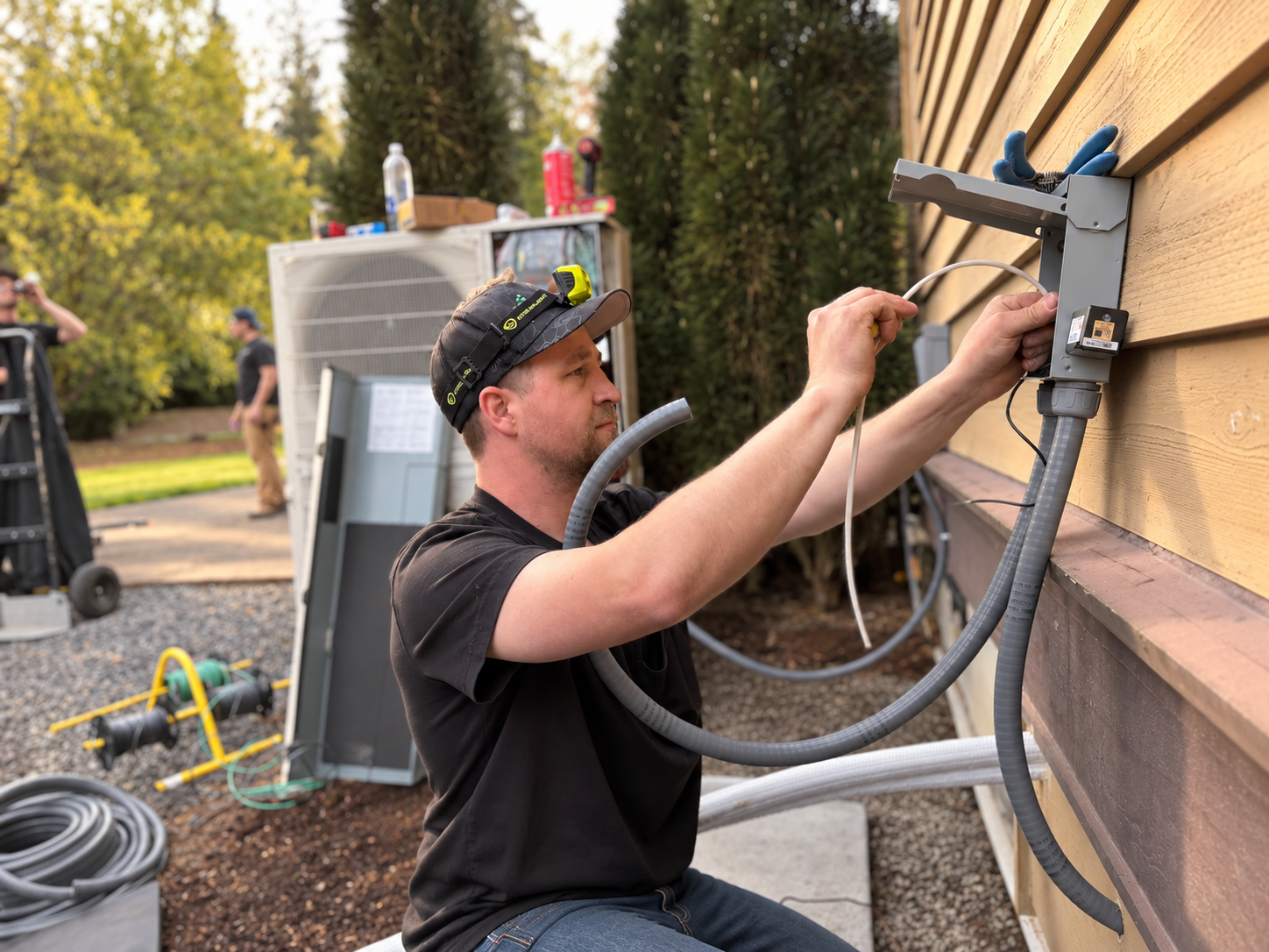 Technician working on an outdoor HVAC electrical disconnect