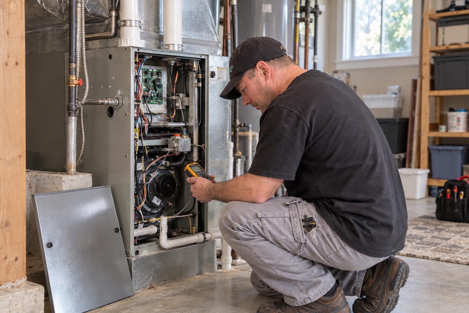 Technician inspecting an open residential furnace