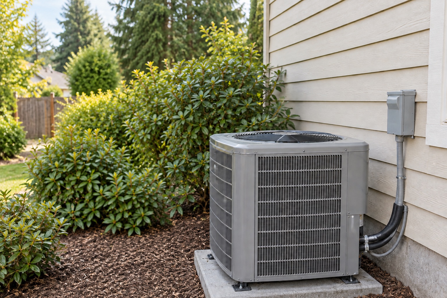 Outdoor air conditioning system beside a home and garden