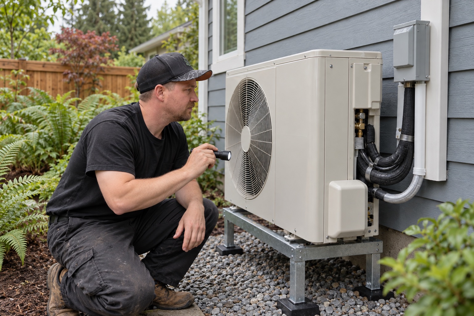 Technician checking an outdoor heat pump