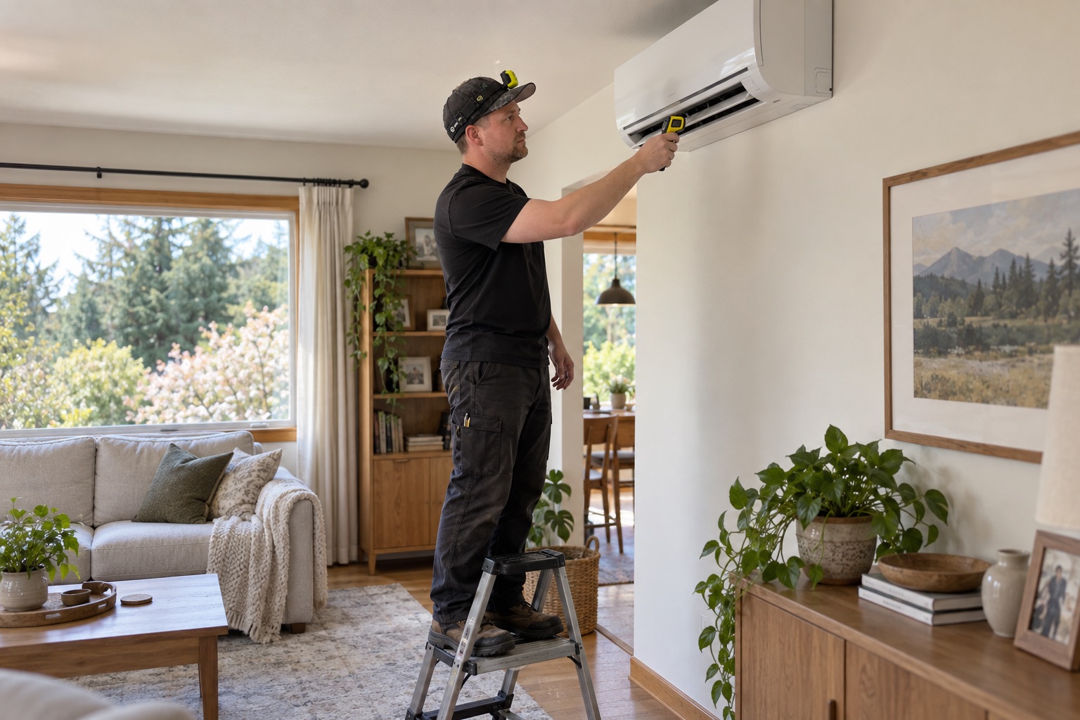 Technician inspecting a wall-mounted ductless unit