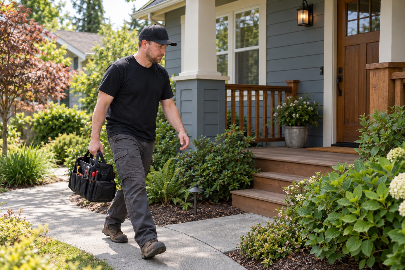 Technician carrying a tool bag toward a home's front porch